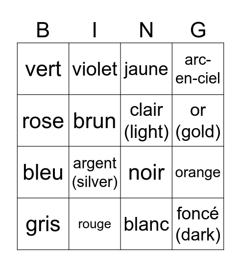 les couleurs Bingo Card