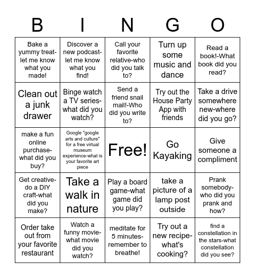 Social Distanced Bingo Card