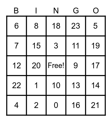 Number Bingo Card