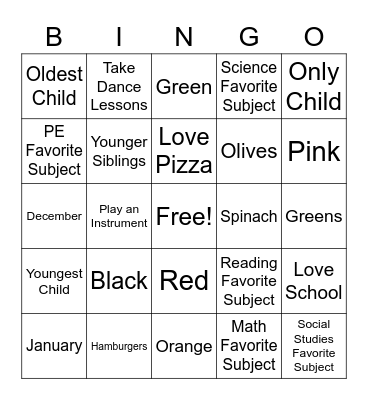 All About Me Bingo Card