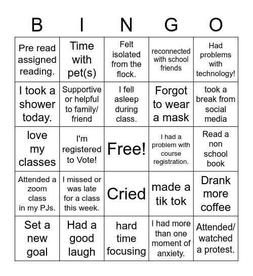 Back to Remote learning Fall 2020 Bingo Card