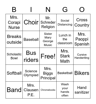 St. Matt's 8th Grade Bingo Card
