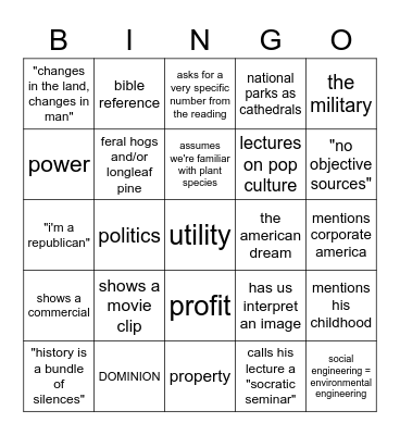 HI 560 bingo: are we in cultural history or environmental history? who knows Bingo Card