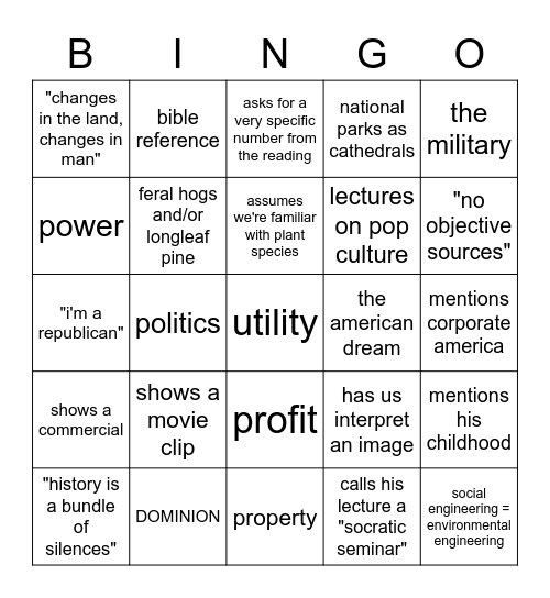 HI 560 bingo: are we in cultural history or environmental history? who knows Bingo Card