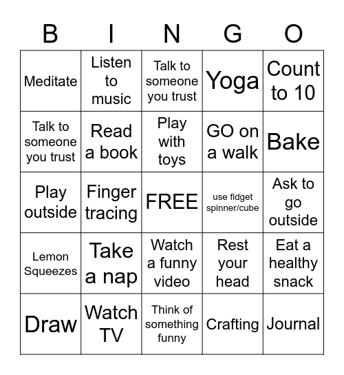 Coping Skills BINGO Card