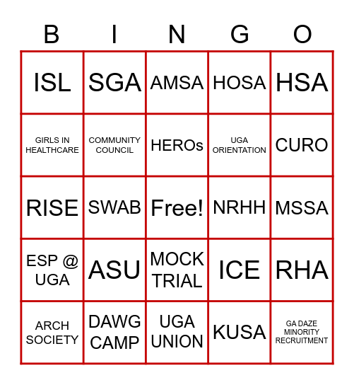 Campus Organizations Bingo Card
