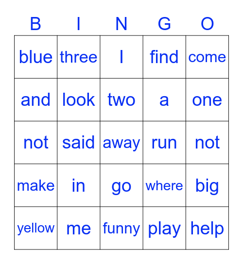 Sight Words Bingo Card