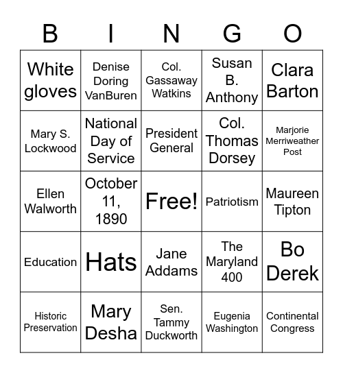 DAR Bingo Card
