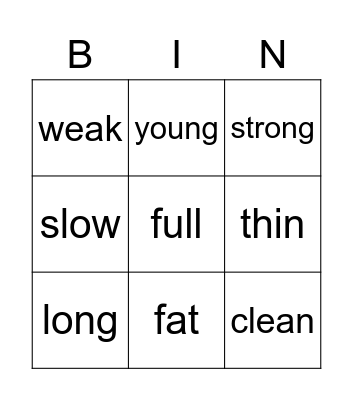 Adjectives Bingo Card