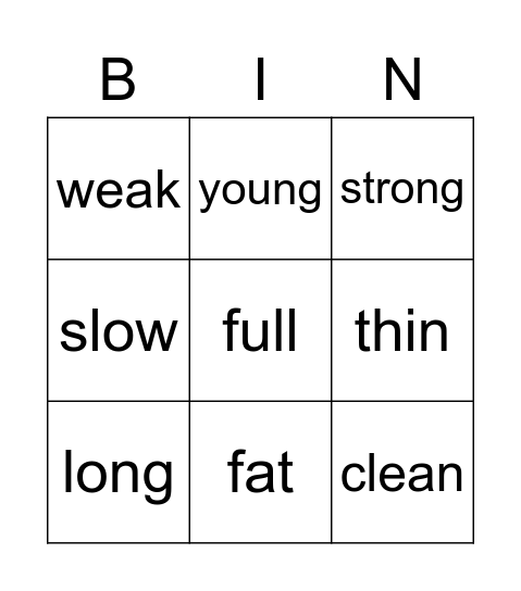 Adjectives Bingo Card