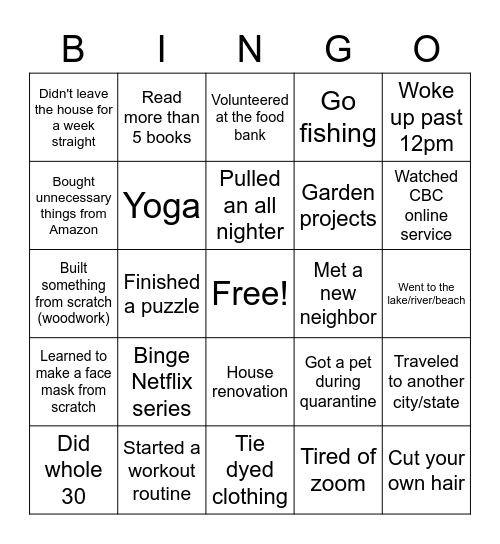 Quarantine Bingo Card