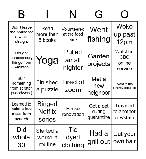 Quarantine Bingo Card