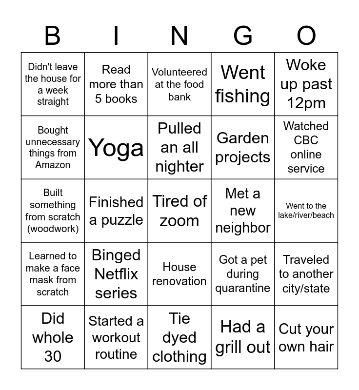 Quarantine Bingo Card