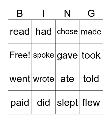 Irregular Verbs Bingo Card