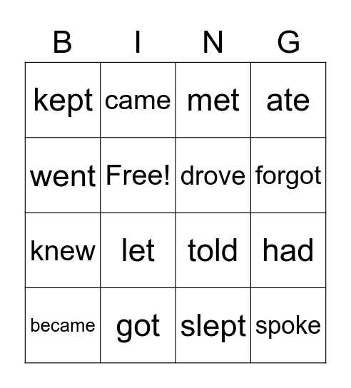 Past Simple Irregular Verbs Bingo Card