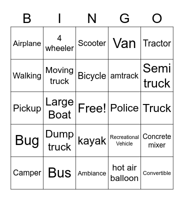 Transportation Bingo Card