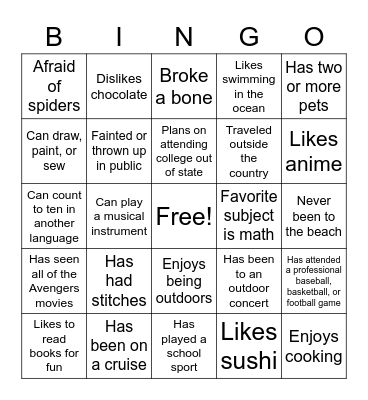 Getting to Know You Bingo Card