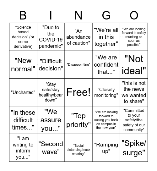 "You're not going back to campus" Bingo Card