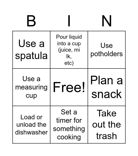 Kitchen Bingo Card
