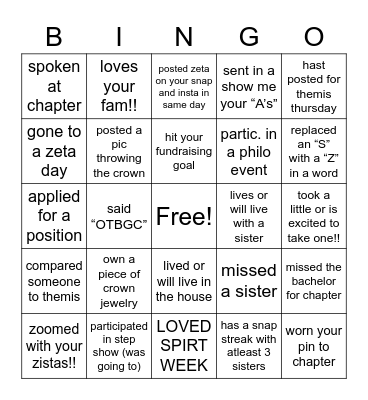 USF ZTA Bingo Card