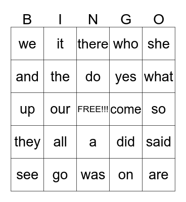 SIGHT WORDS Bingo Card