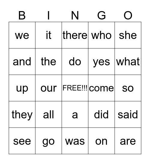 SIGHT WORDS Bingo Card