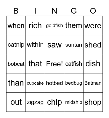 Phonics review (ch, sh, th, compound, red words) Bingo Card