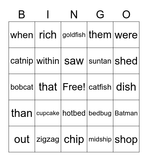 Phonics review (ch, sh, th, compound, red words) Bingo Card