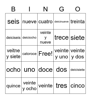 Spanish #s Bingo Card