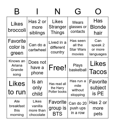 Get to Know Others Bingo Card