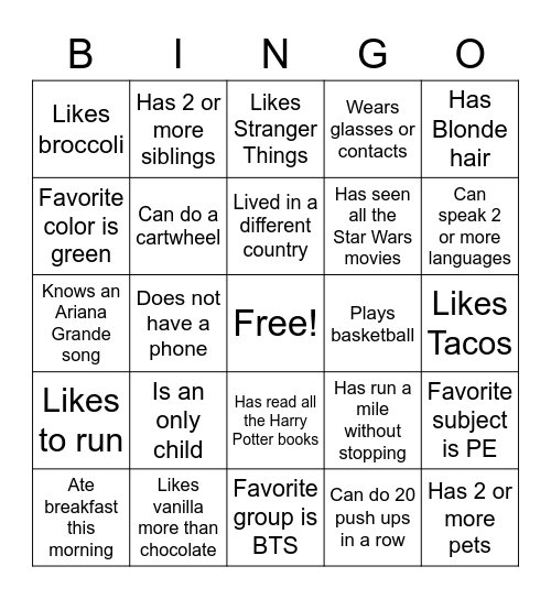 Get to Know Others Bingo Card
