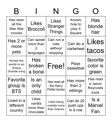 Get to Know Others Bingo Card