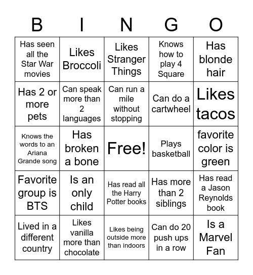 Get to Know Others Bingo Card