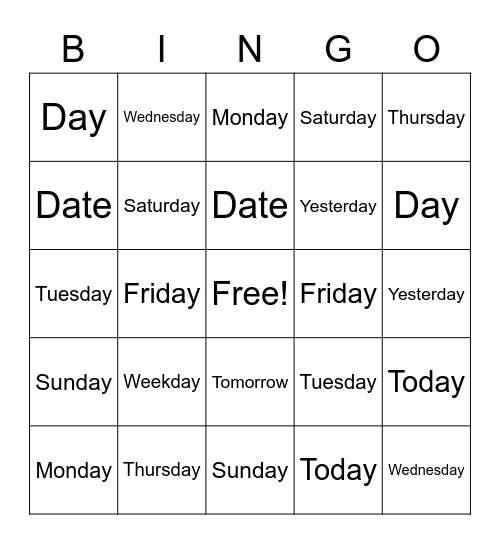 Days of the Week [ENG] Bingo Card