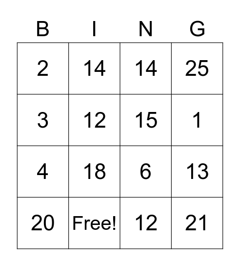 Number Bingo Card