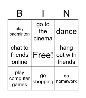 Freetime Activities Bingo Card