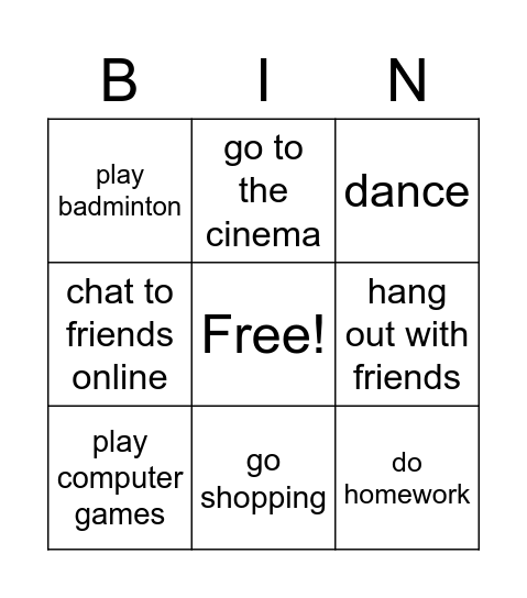 Freetime Activities Bingo Card