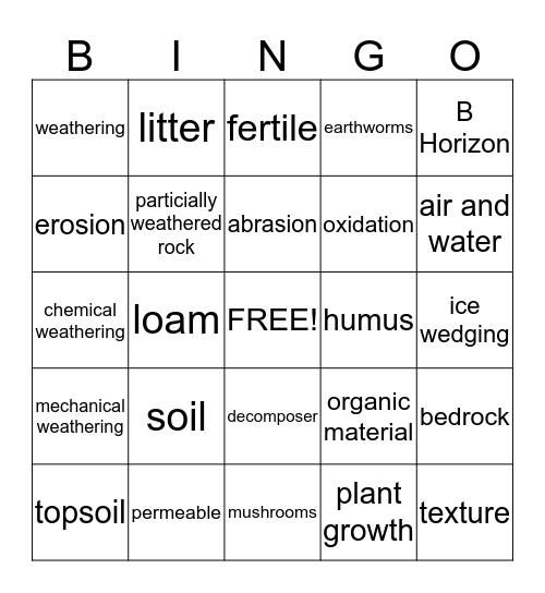 Weathering and Soil formation Bingo Card