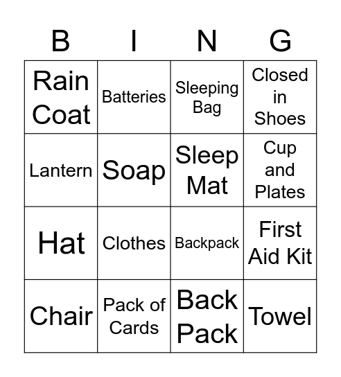 Cub Scouts Camping Essentials Bingo Card