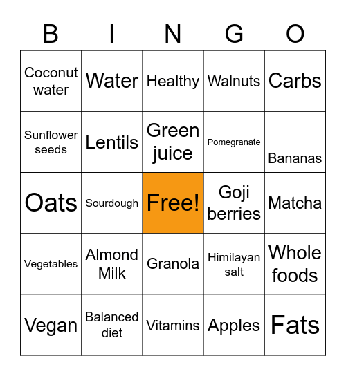 Nutrition Bingo Card