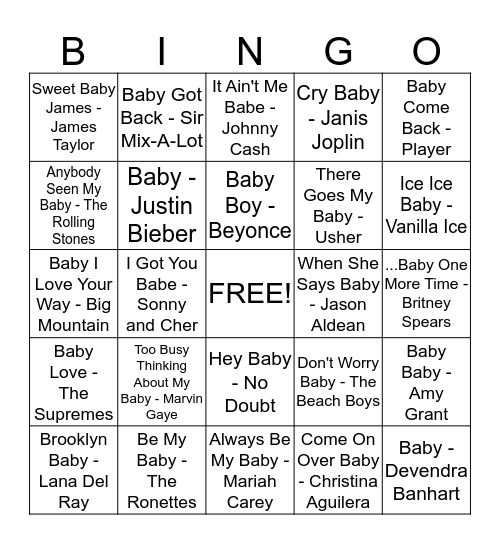 Name That Tune, Baby! Bingo Card
