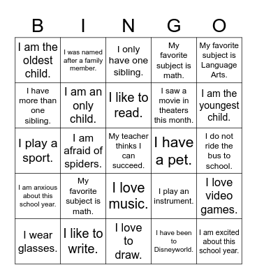 First Day Bingo Card