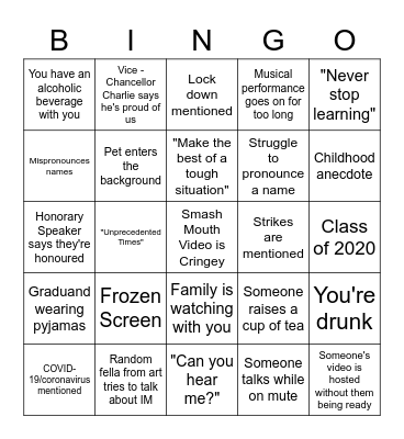 UoY Zoom Graduation 2k20 Bingo Card