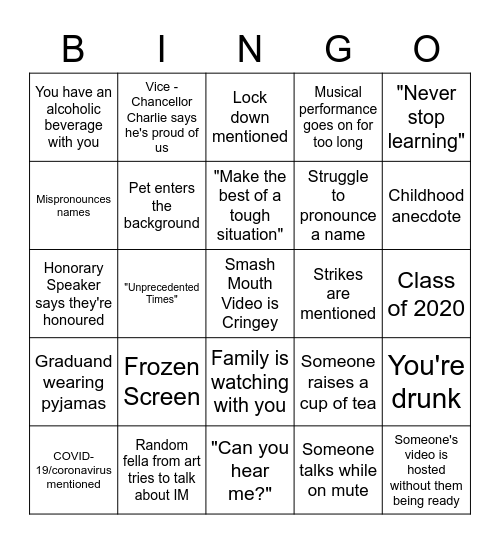 UoY Zoom Graduation 2k20 Bingo Card