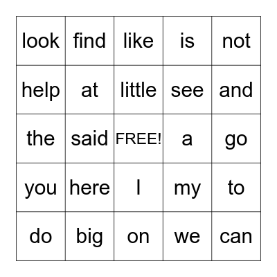 Sight Words Bingo Card