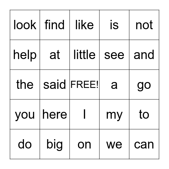 Sight Words Bingo Card