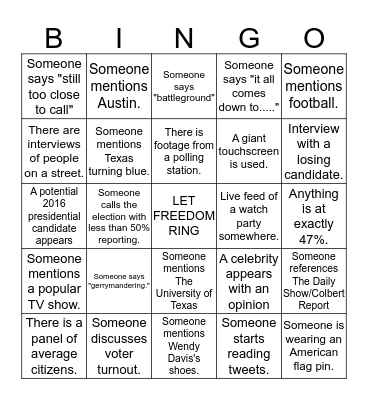 E+E Election Watch Party 2014 Bingo Card