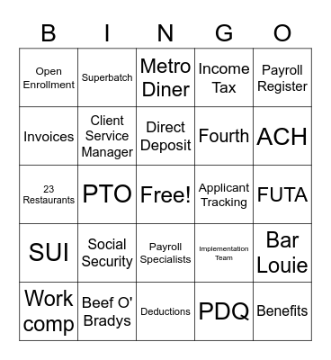 Tampa Payroll Week Bingo Game Bingo Card