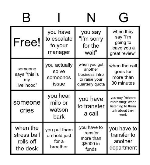 ANOTHER beautiful IN THE CALL CENTER BINGO Card