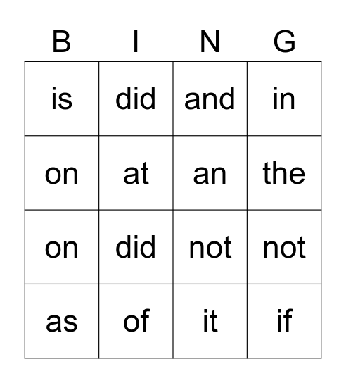 Sight Words 8/26 Bingo Card